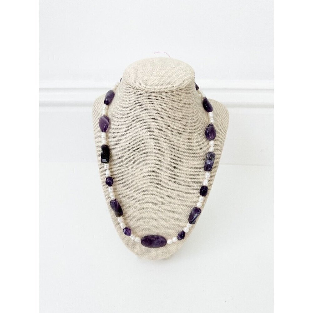 NWT Genuine Amethyst & Pearls Necklace Purple White Beaded
